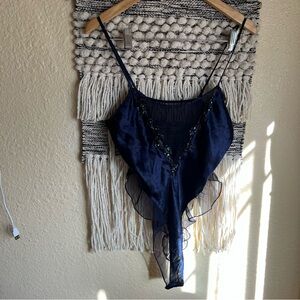 Victoria's Secret Navy Blue Sheer Lace-Trim Bodysuit with Beaded V Detail